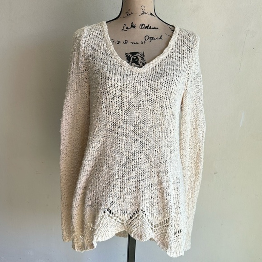 Anthropologie Yellow Bird V-Neck Mesh Knit Cream Sweater Size Small